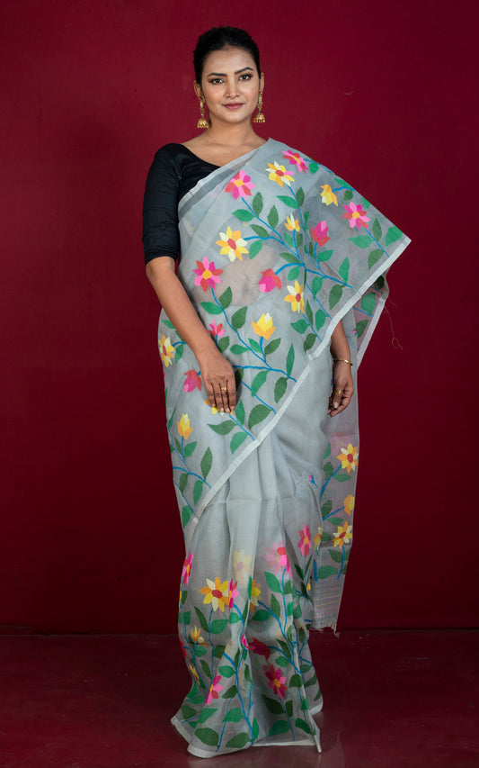 Premium Quality Hand Woven Floral Skirt Nakshi Work Muslin Silk Dhakai Jamdani Saree in Grey and Multicolored Minakari Thread Work