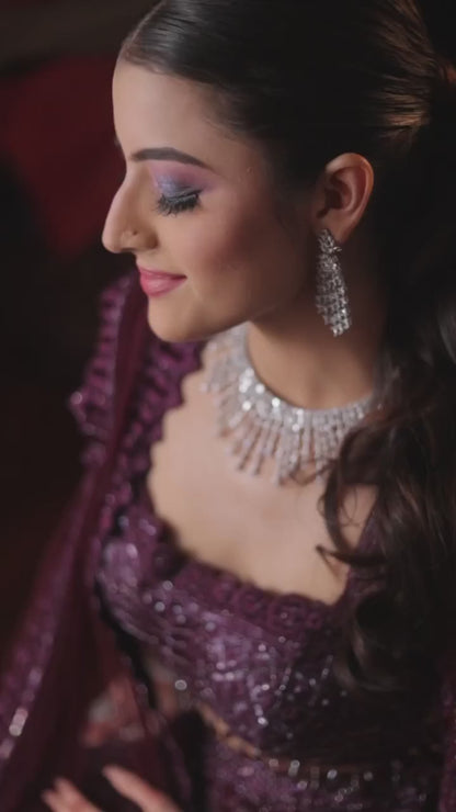Wine Sequins Embroidery Soft Net Sangeet Lehenga
