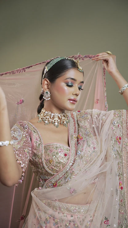 Light Pink With Multi Colored 3D Embroidered  Floral Kalis Lehenga Choli