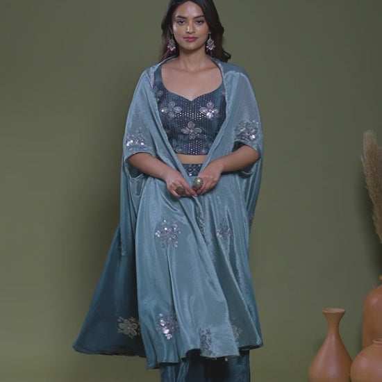 Navy Blue Embroidered Chinnon Party Wear Palazzo