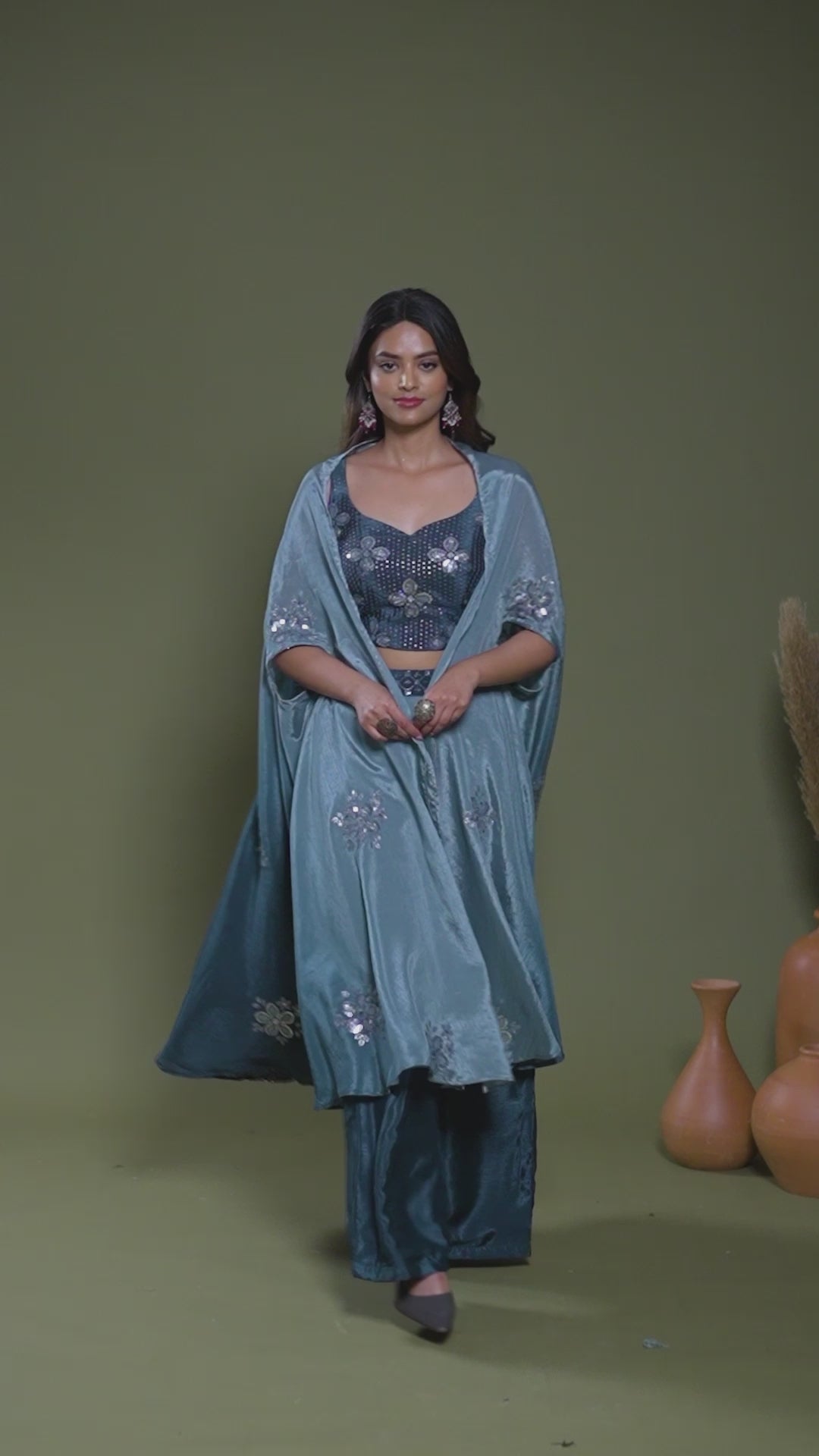 Navy Blue Embroidered Chinnon Party Wear Palazzo