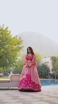 Pink Zari Work Embellished Organza Bridesmaid Lehenga