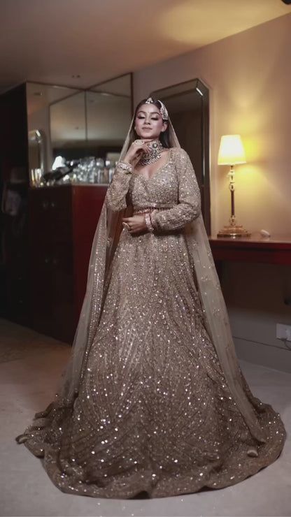 Beige Net Sequins & Thread Embroidered Bridal Lehenga Set