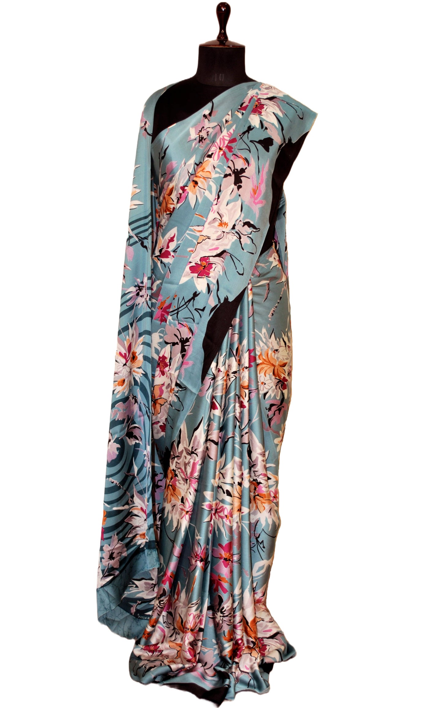 Printed Soft Crepe Silk Saree in Blue Gray, Off White and Multicolored