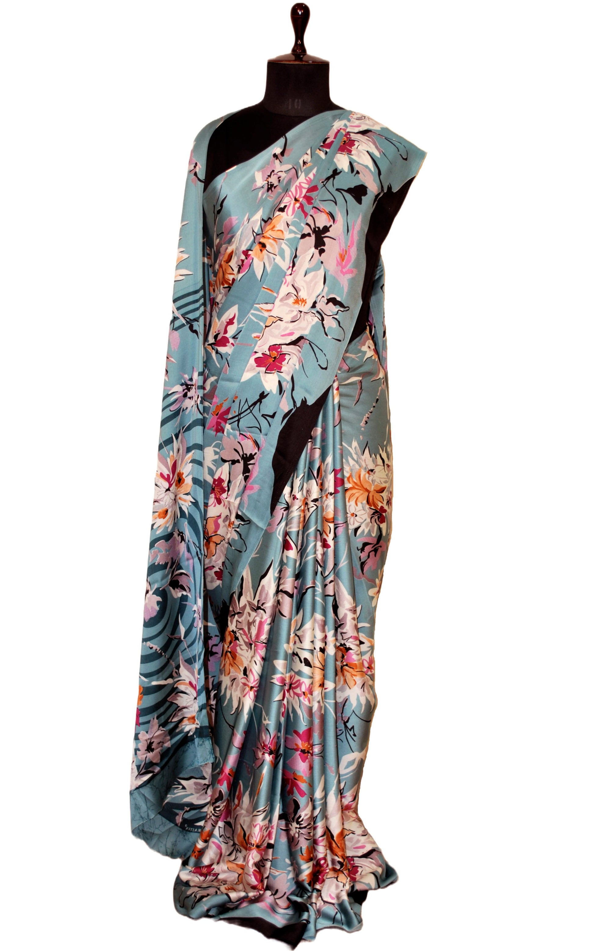 Printed Soft Crepe Silk Saree in Blue Gray, Off White and Multicolored