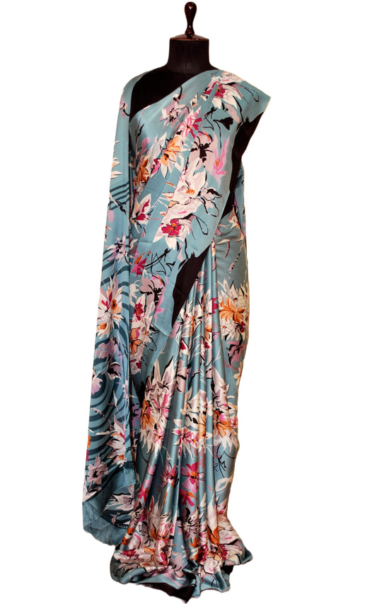Printed Soft Crepe Silk Saree in Blue Gray, Off White and Multicolored