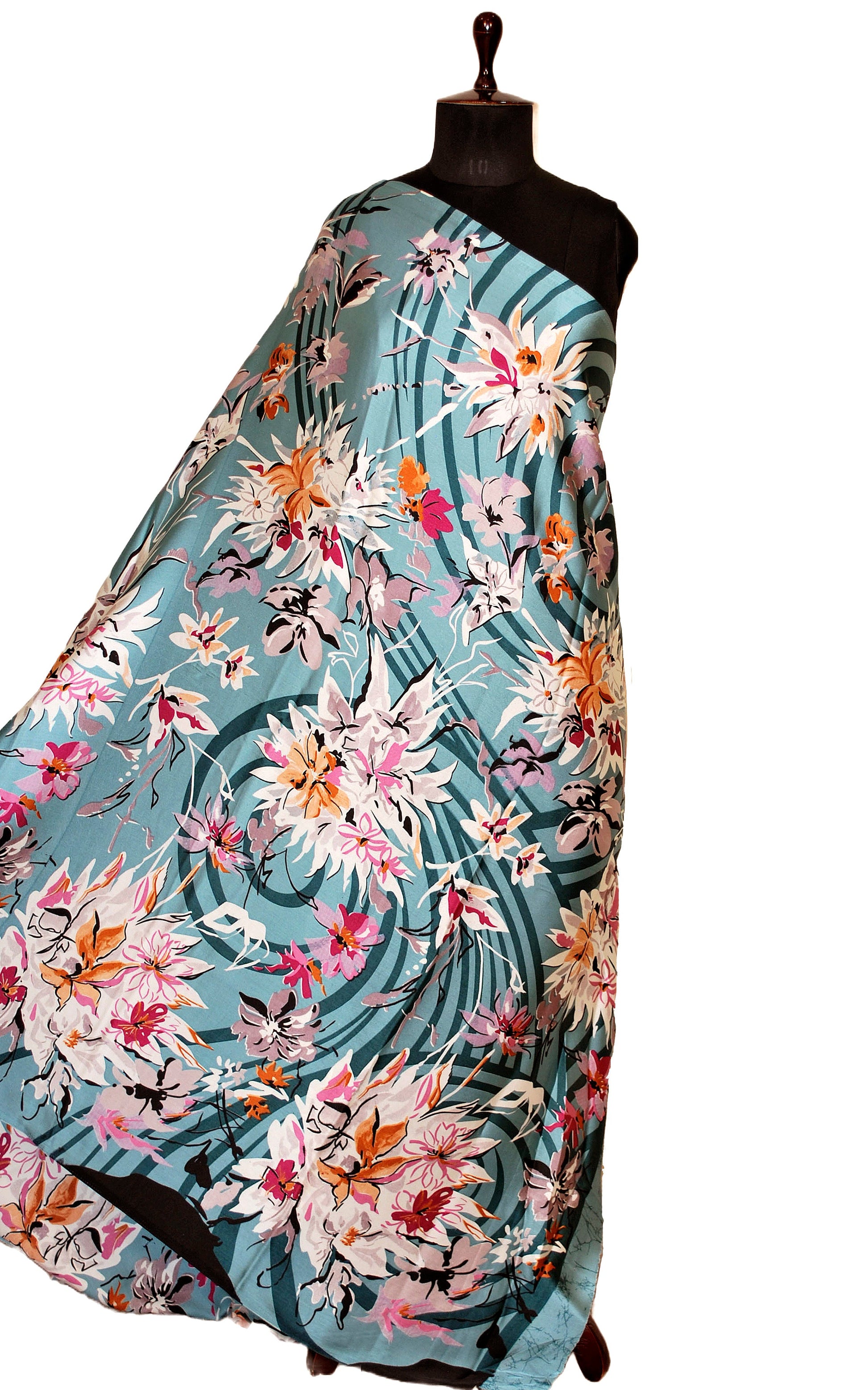 Printed Soft Crepe Silk Saree in Blue Gray, Off White and Multicolored