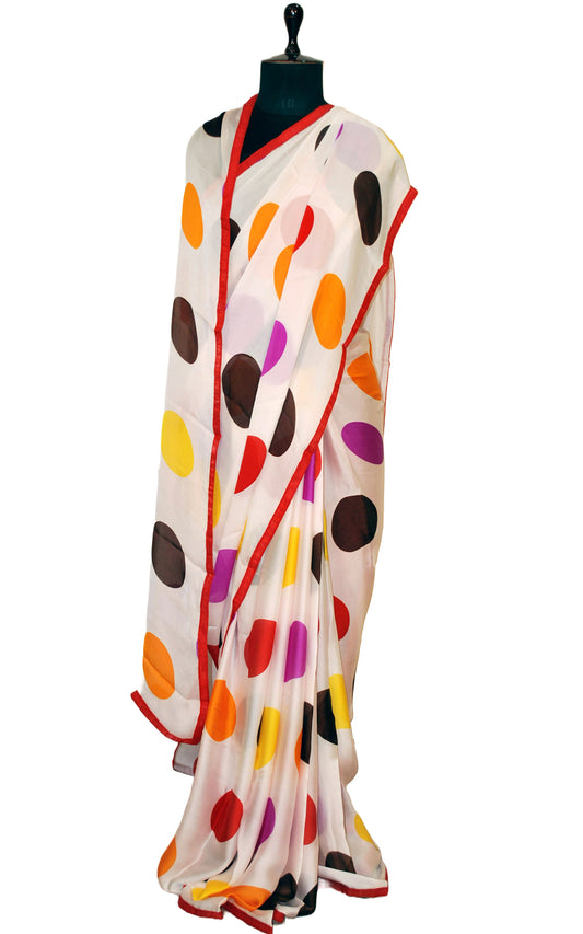 Printed Soft Crepe Silk Saree in White, Red and Multicolored Polka Prints