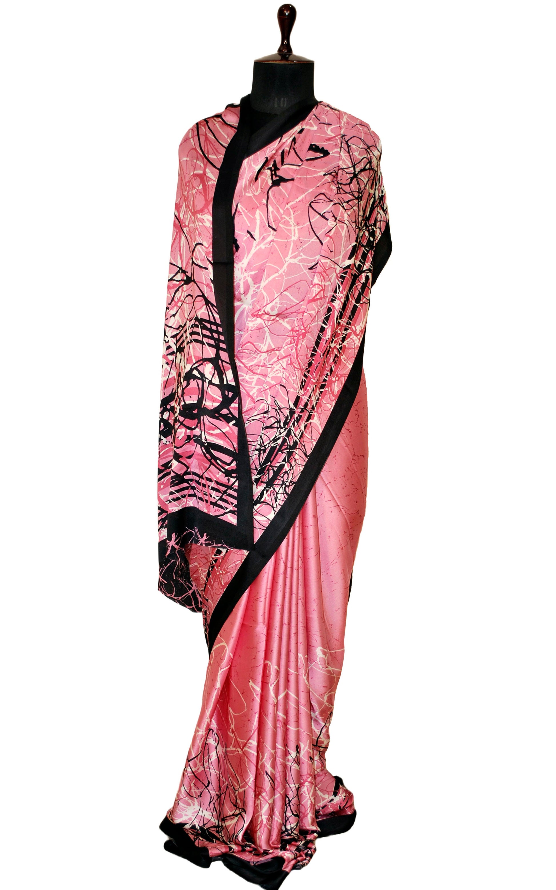 Printed Soft Crepe Silk Saree in Salmon Pink, Off White and Black