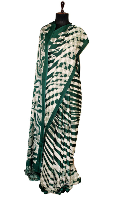Printed Soft Crepe Silk Saree in Pale White, Dark Green and Russian Green