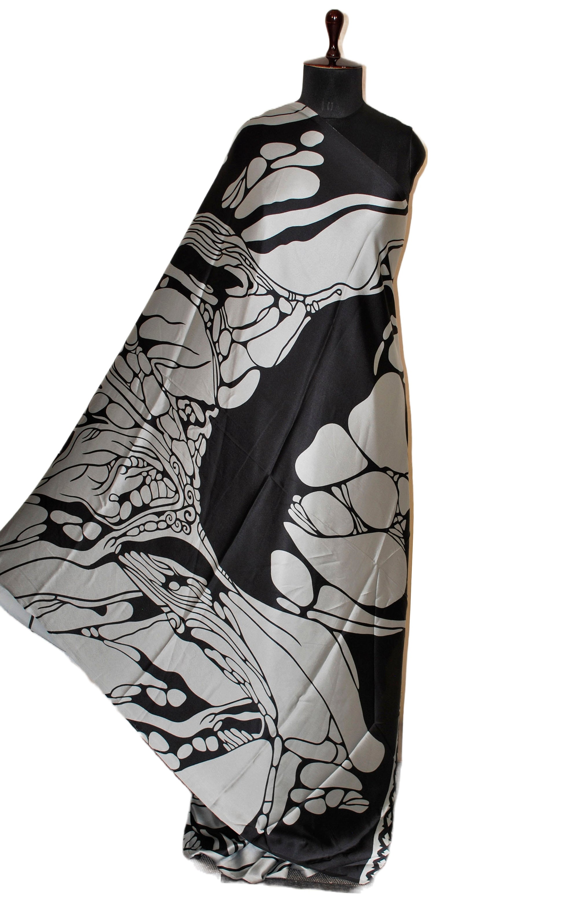 Printed Soft Crepe Silk Saree in Pewter Grey and Black in Abstract Prints