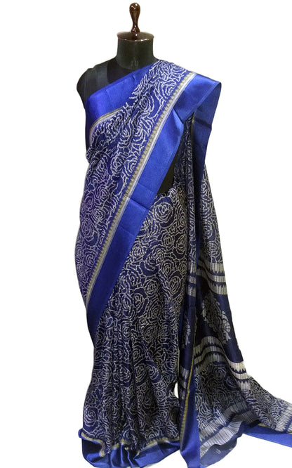 Designer Satin Border Soft Kota Doria Digital Printed Saree in Dark Blue and Off White
