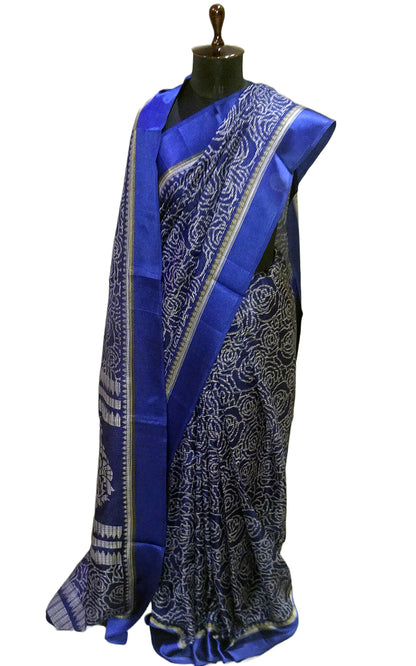 Designer Satin Border Soft Kota Doria Digital Printed Saree in Dark Blue and Off White