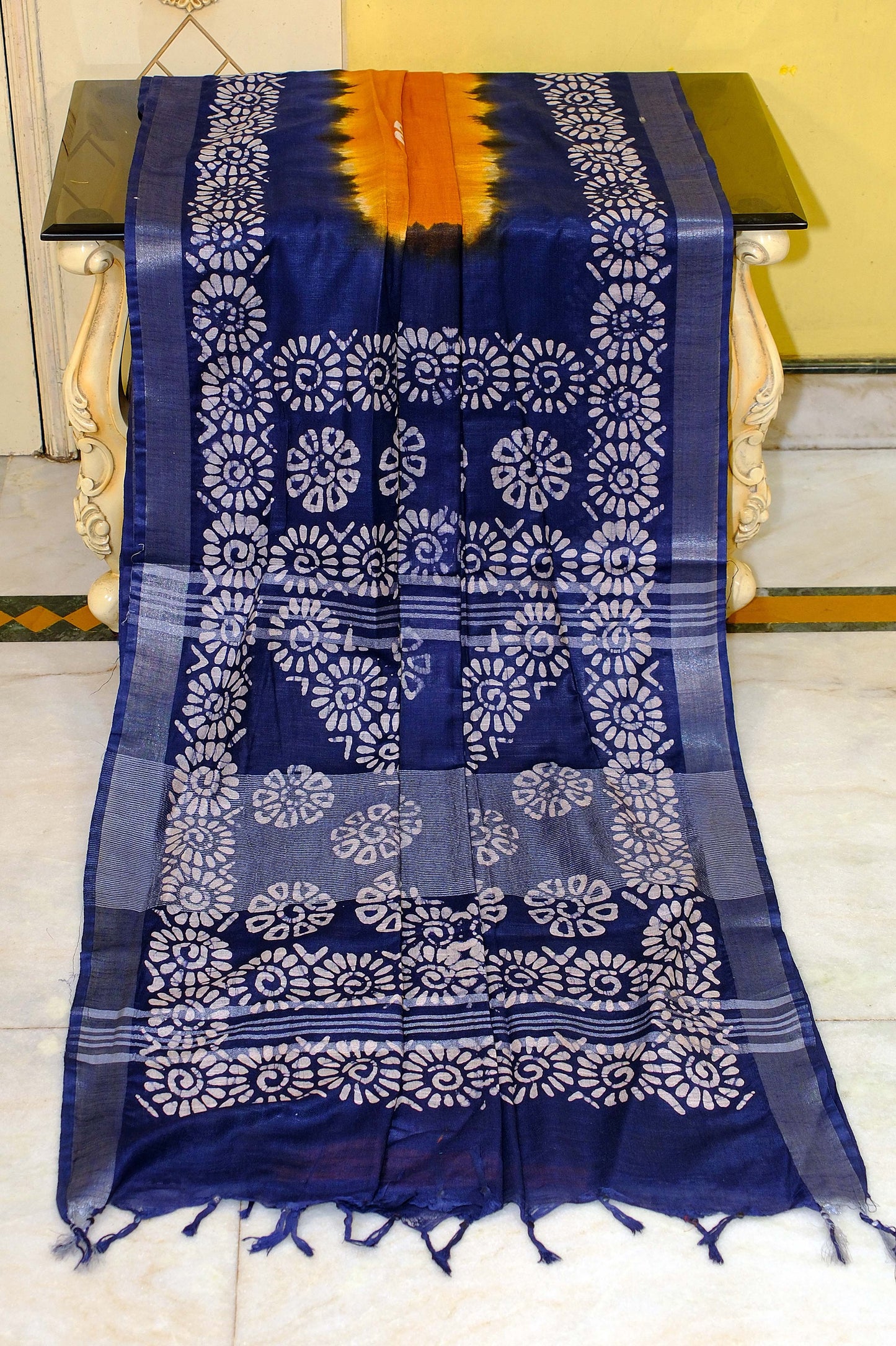 Soft Cotton Batik Linen Jamdani Saree in Mango Tango, Midnight Blue and Beige
