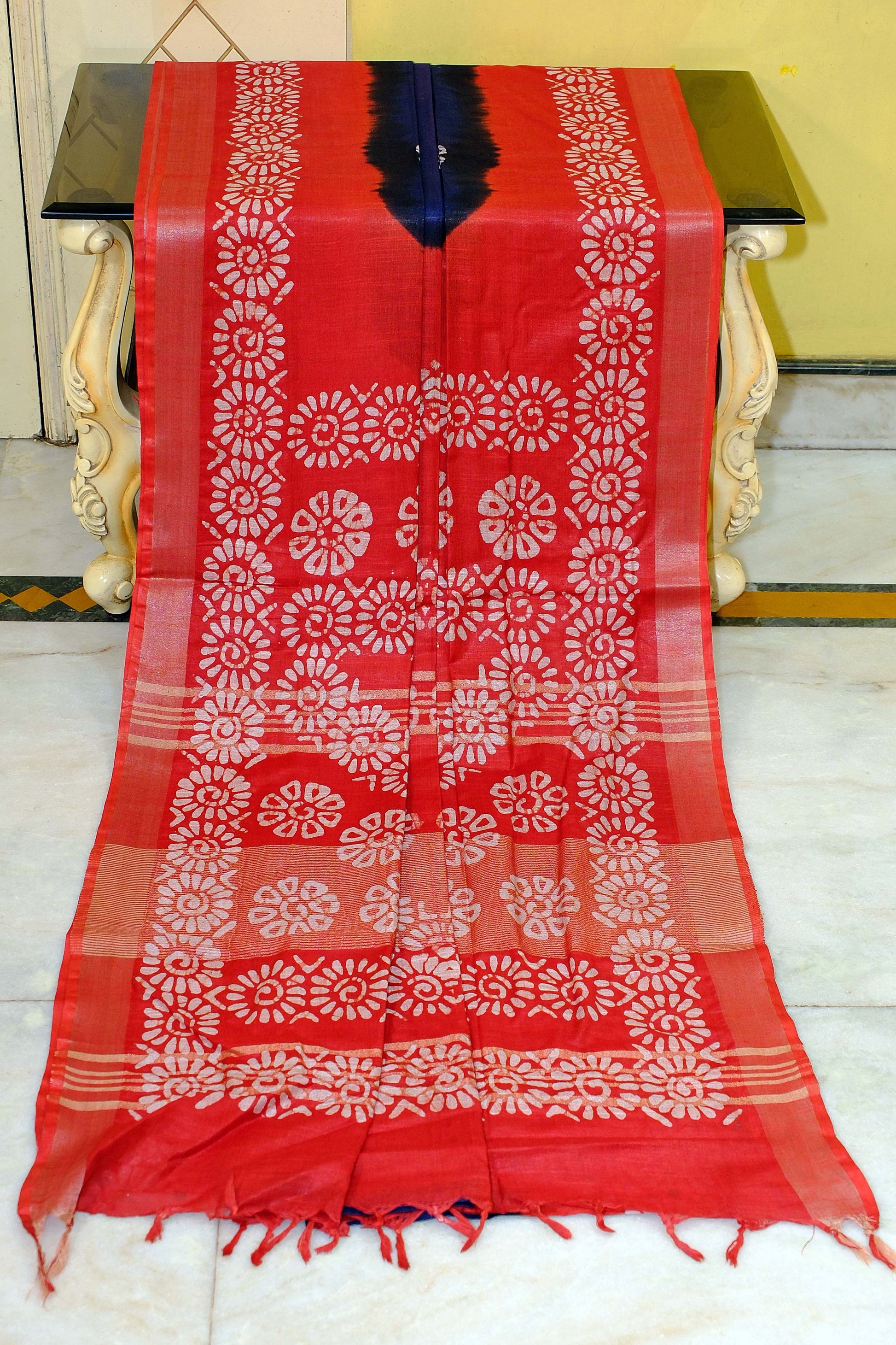 Soft Cotton Batik Linen Jamdani Saree in Black Currant, Fire Engine Red and Beige