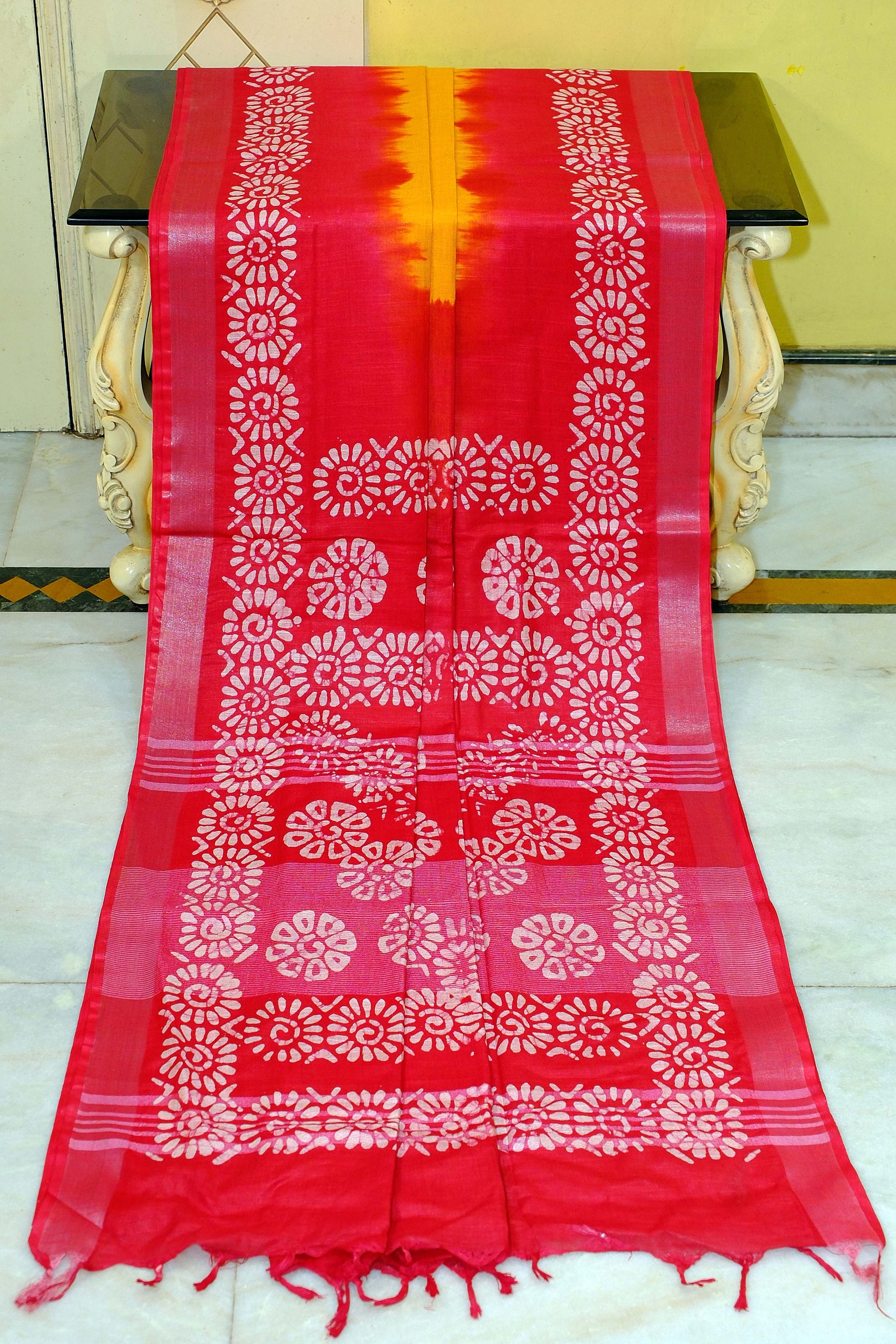 Soft Cotton Batik Linen Jamdani Saree in Bright Yellow, Red and Off White