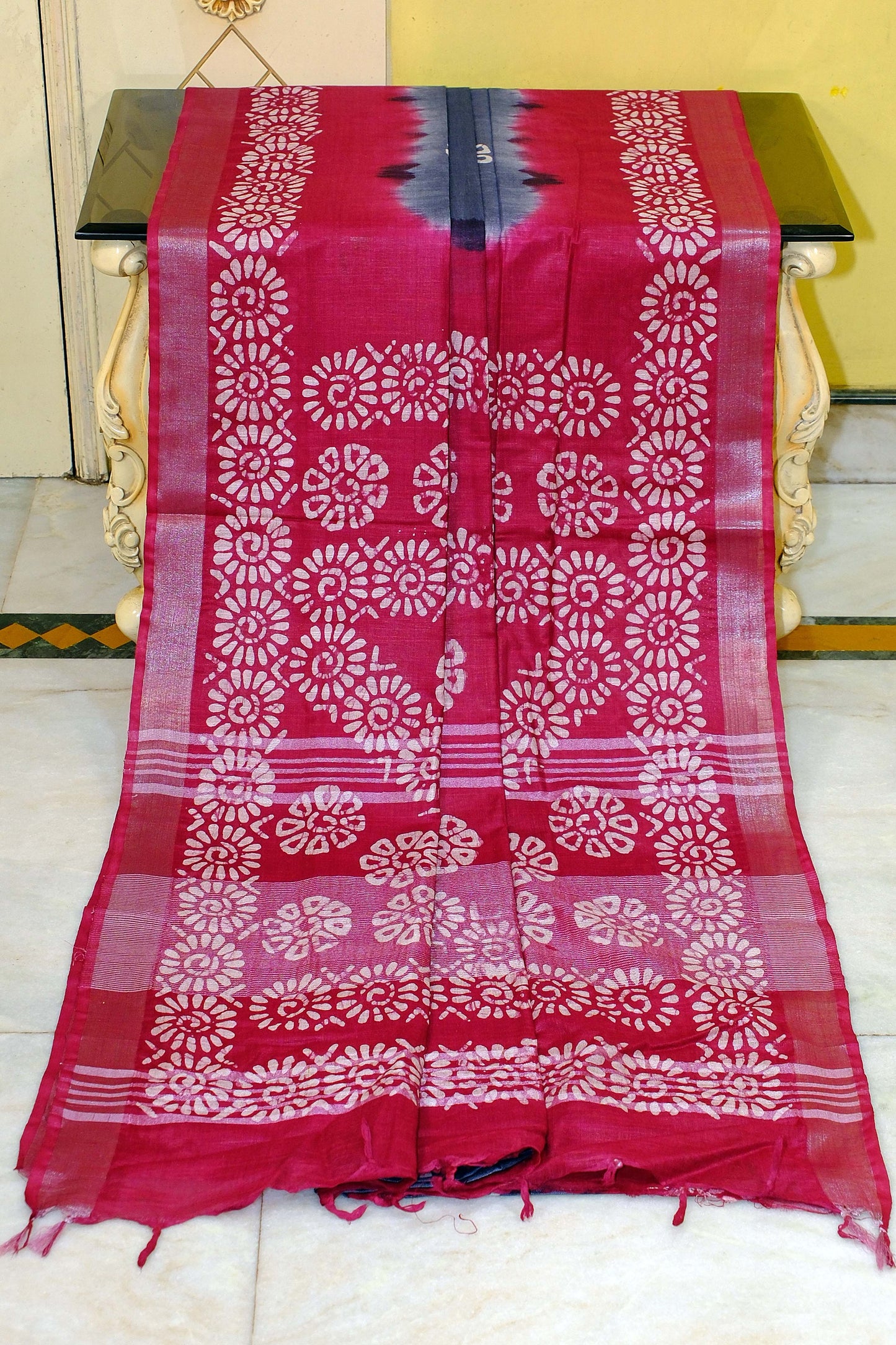 Soft Cotton Batik Linen Jamdani Saree in Dark Grey, Dark Red and Off White