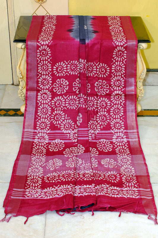 Soft Cotton Batik Linen Jamdani Saree in Dark Grey, Dark Red and Off White