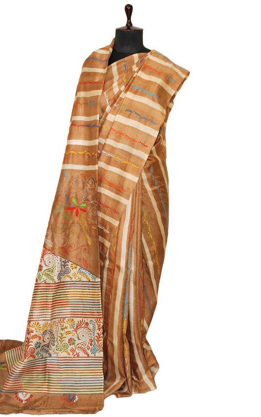 Pure Silk Hand Embroidery Kantha Stitch Saree in Tan Gold, Off White and Multicolored Thread Work