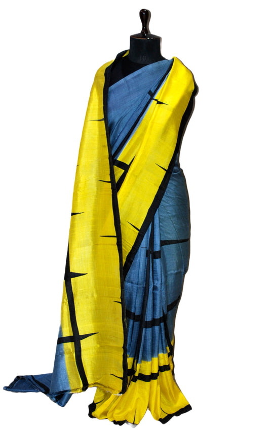 Soft Bishnupuri Printed Pure Silk Saree in Slate Grey, Bumble Yellow and Black