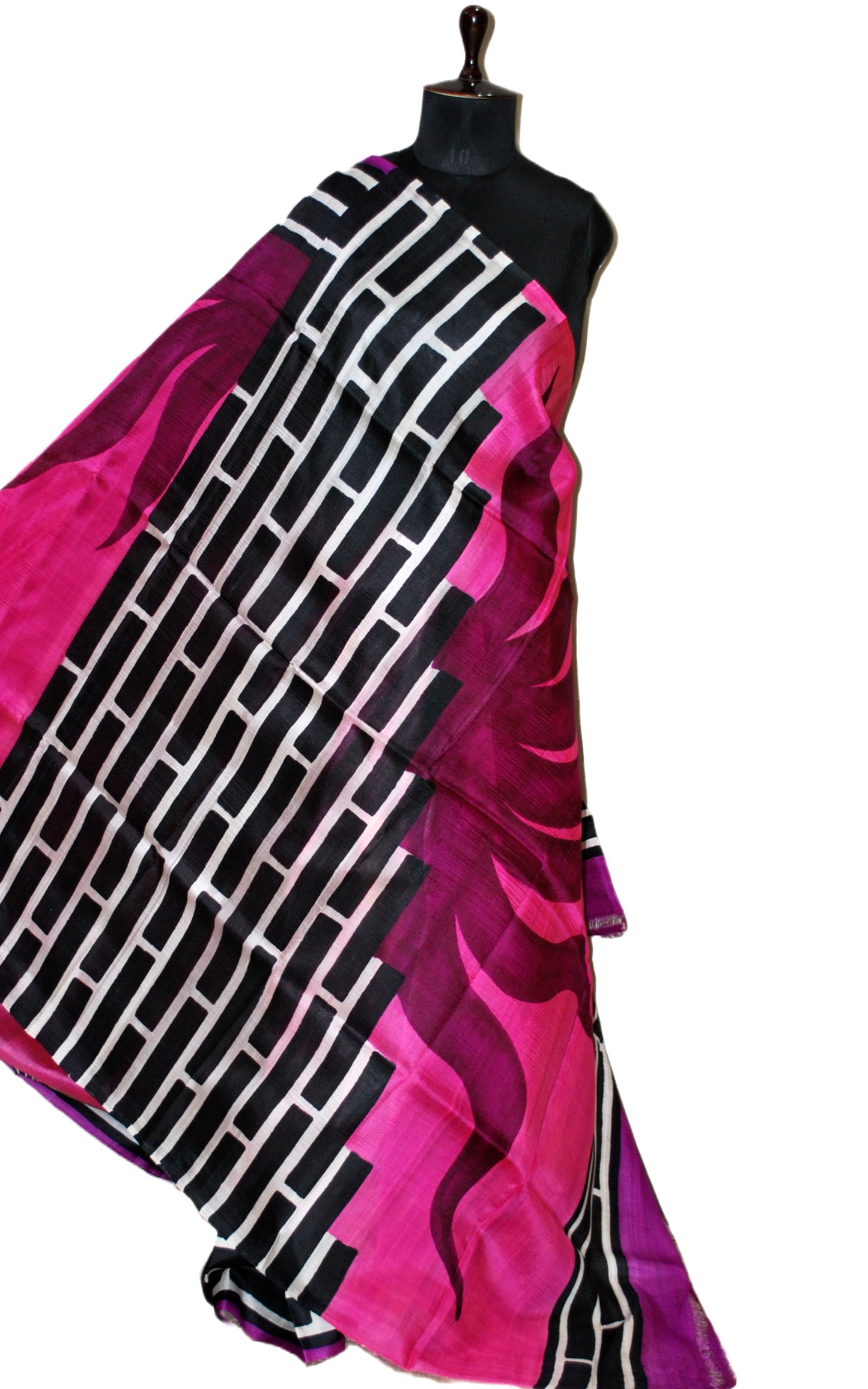 Soft Bishnupuri Printed Pure Silk Saree in Fuscia, Purple, Black and Off White
