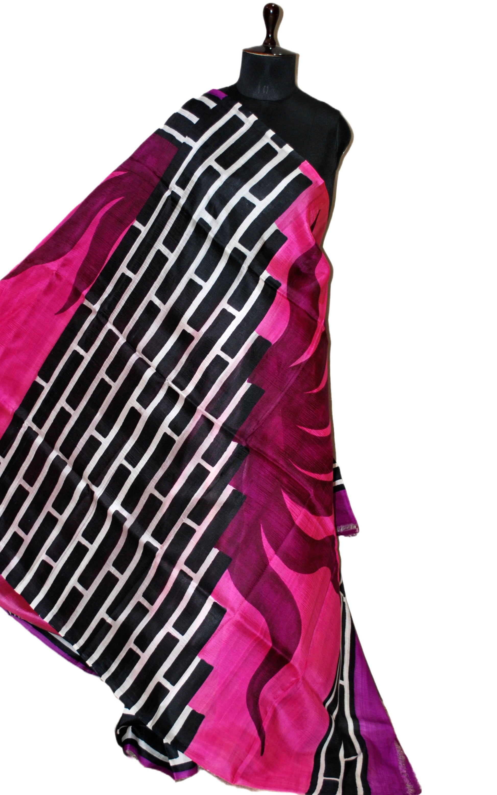 Soft Bishnupuri Printed Pure Silk Saree in Fuscia, Purple, Black and Off White