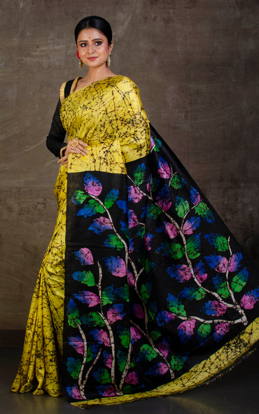 Hand Batik Pure Silk Saree in Pastel Yellow, Brown, Black and Multicolored