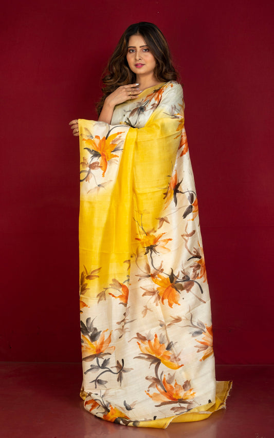 Hand Batik Pure Silk Saree in Yolk Yellow, Off White and Multicolored