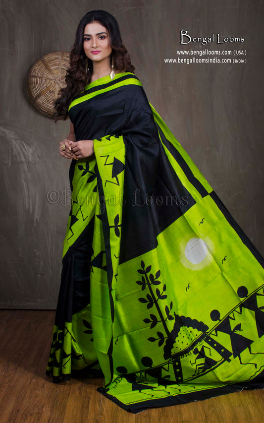 Tribal Folk Hand Block Printed Pure Silk Saree in Zed Black and Sheen Green