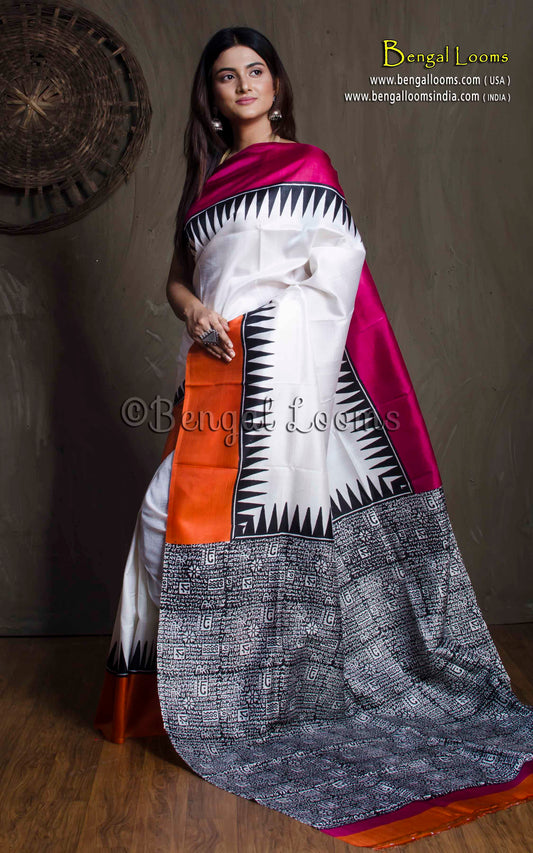 Printed Pure Silk Saree in White, Orange, Pink and Black