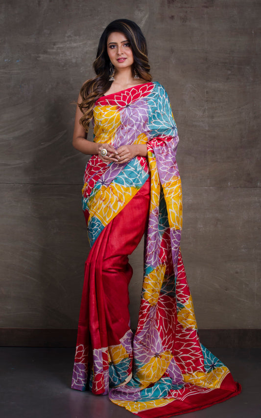 Hand Batik Pure Silk Saree in Red and Multicolored