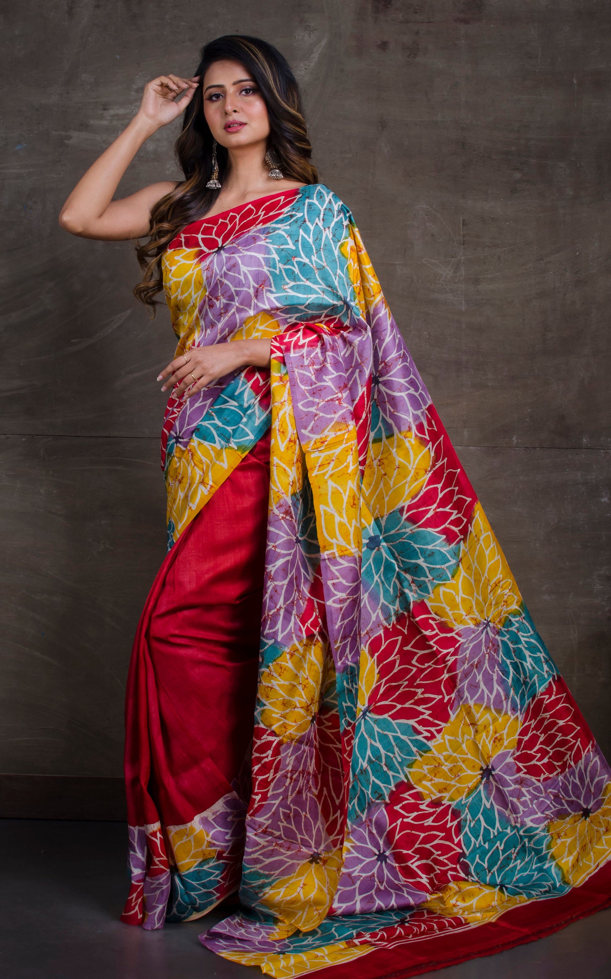 Hand Batik Pure Silk Saree in Red and Multicolored