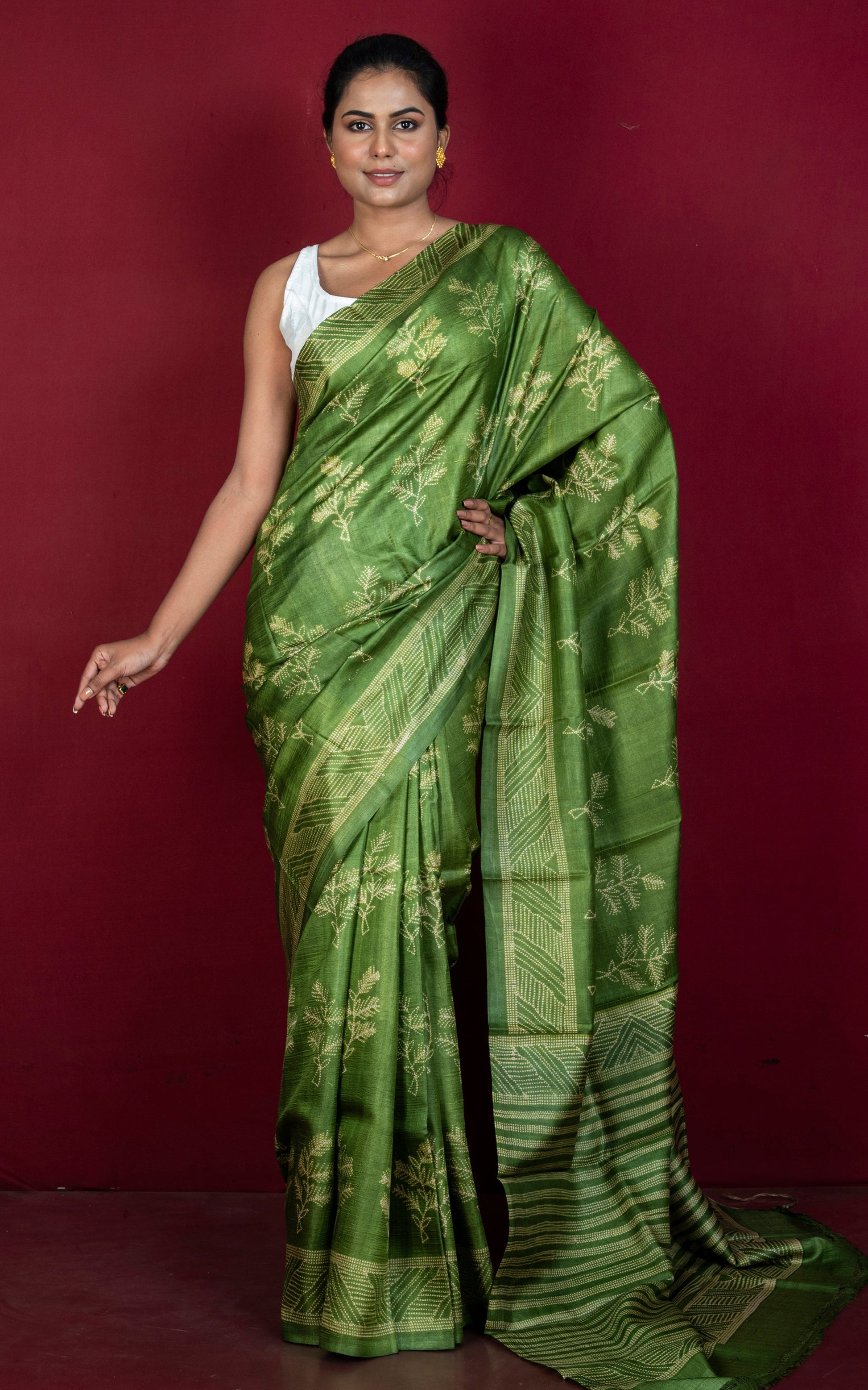 Hand Kantha Work Printed Pure Silk Saree in Verdun Green and Beige