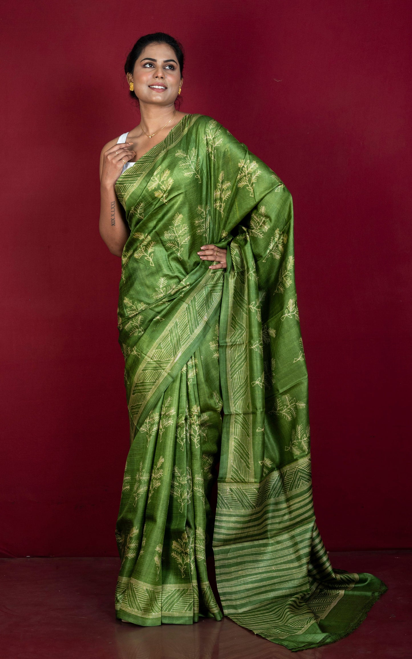Hand Kantha Work Printed Pure Silk Saree in Verdun Green and Beige