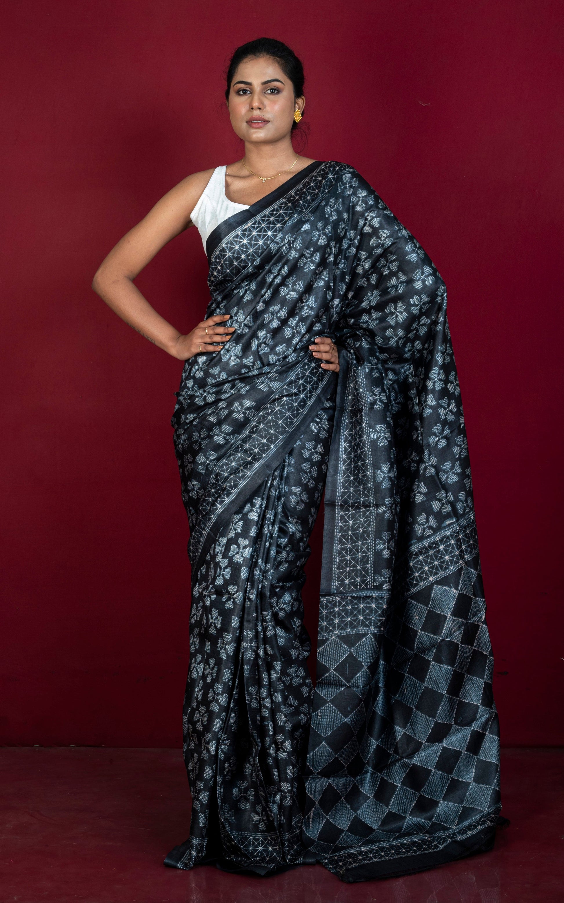 Hand Kantha Work Printed Pure Silk Saree in Black and Off White
