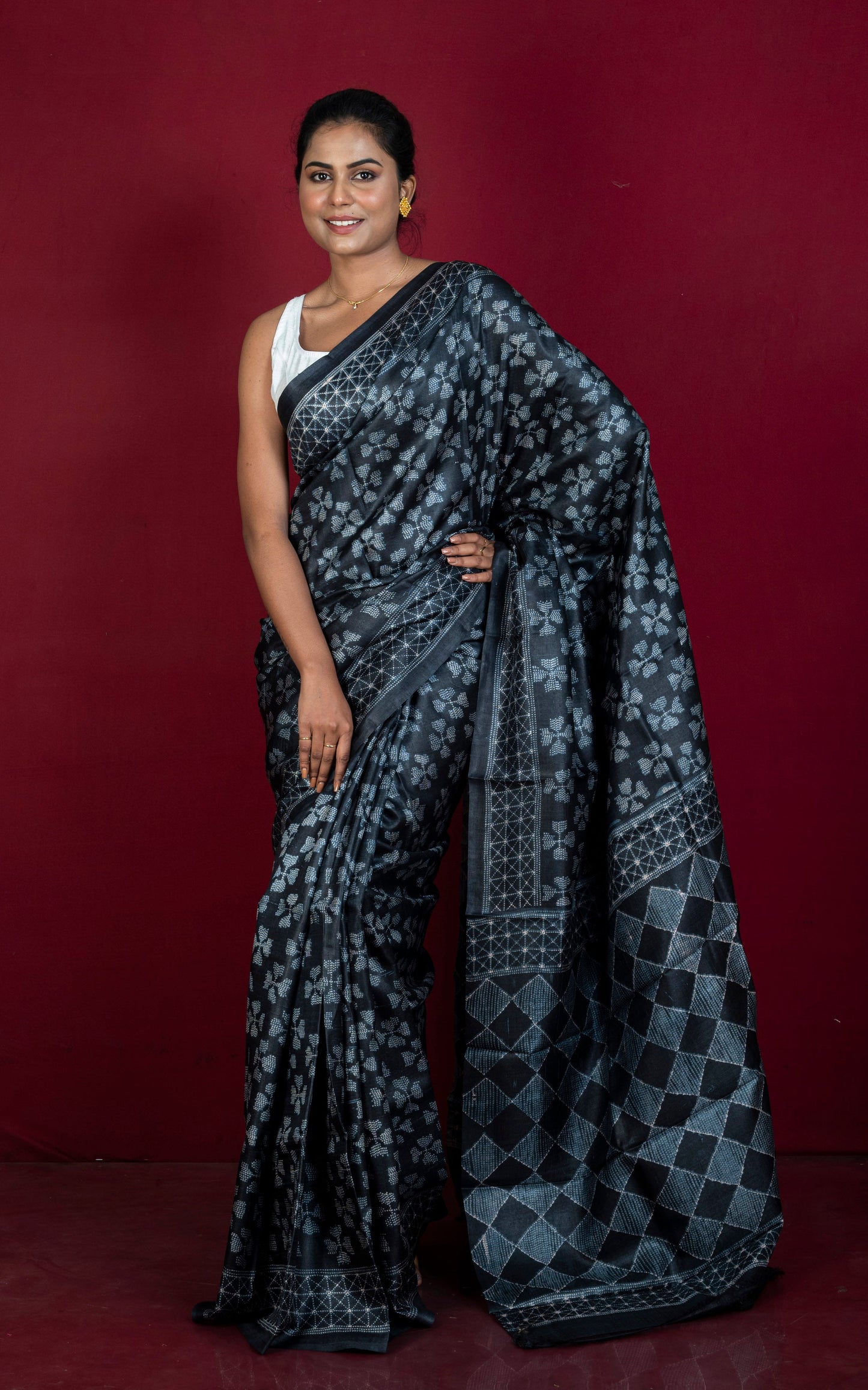 Hand Kantha Work Printed Pure Silk Saree in Black and Off White