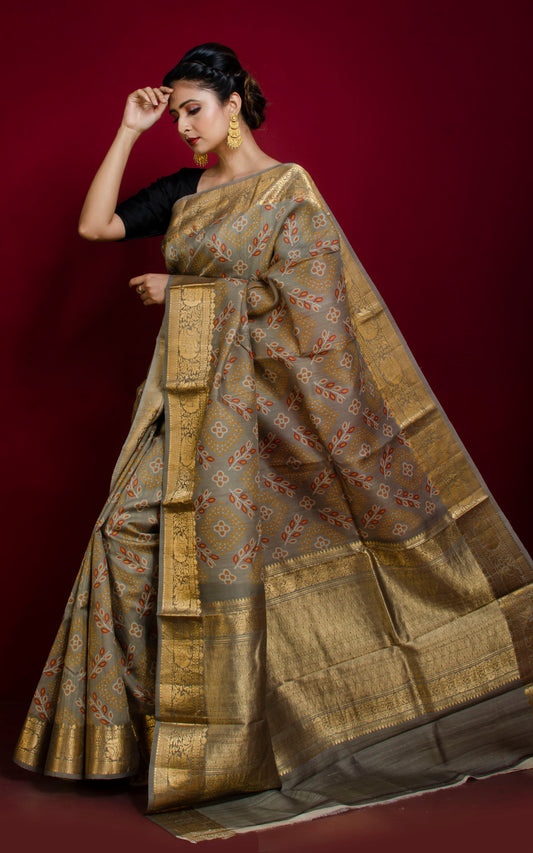 Bandhej Printed Tussar Banarasi Saree in Thunder Grey, Off White, Brick Red, Pale Orange and Brush Gold Zari Work