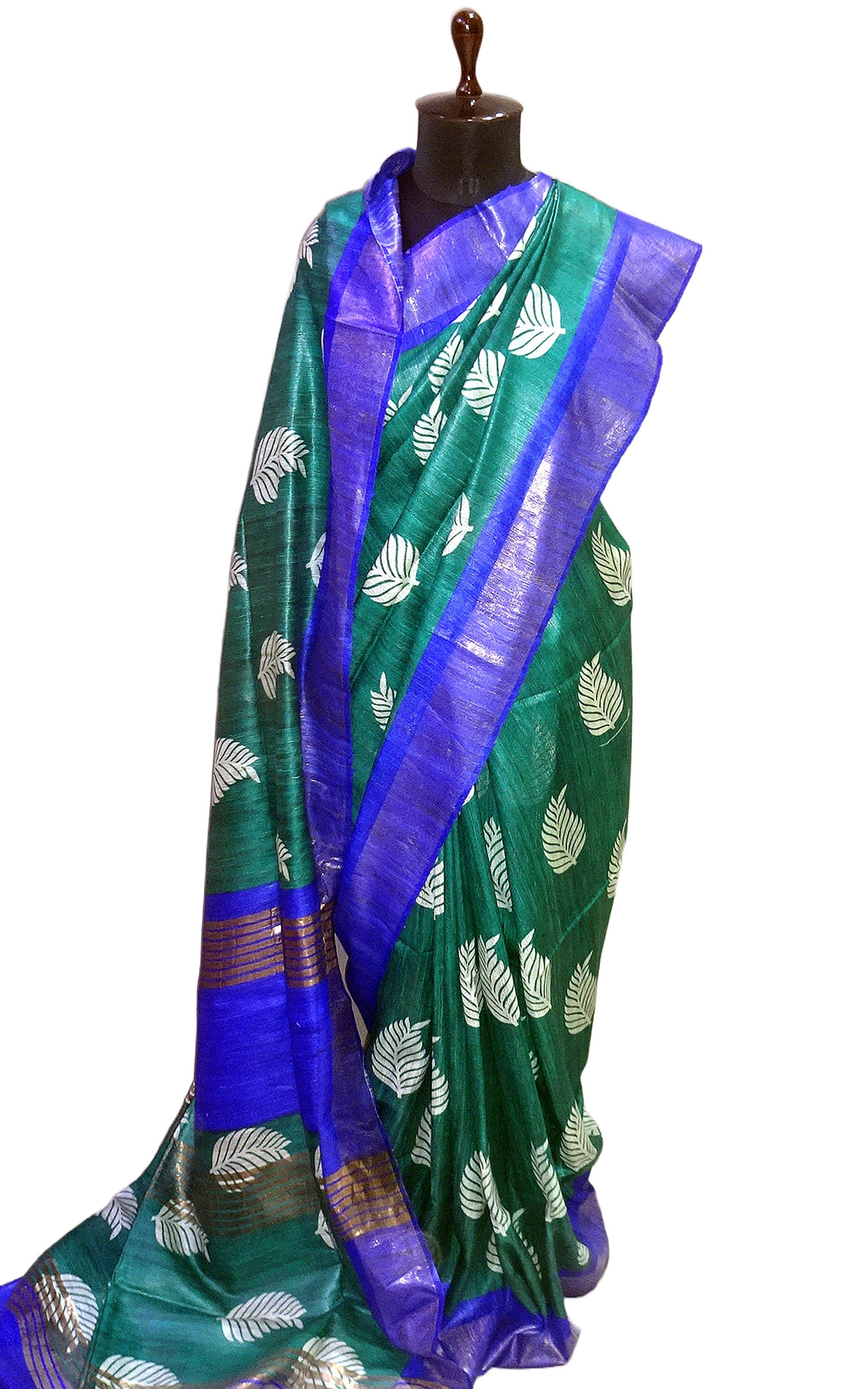 Silk Mark Certified Pure Gigha Block Printed Saree in Pine Green, Off White and Royal Blue