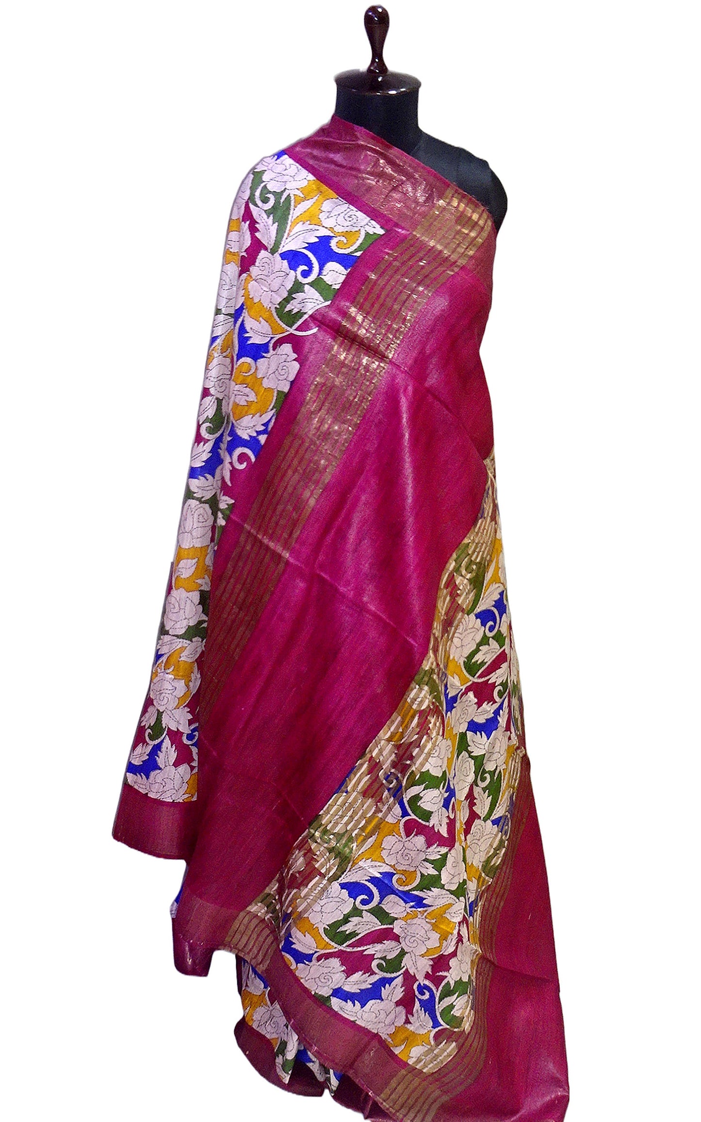Silk Mark Certified Pure Gigha Block Printed Saree in Beige, Boysenberry and Multicolored