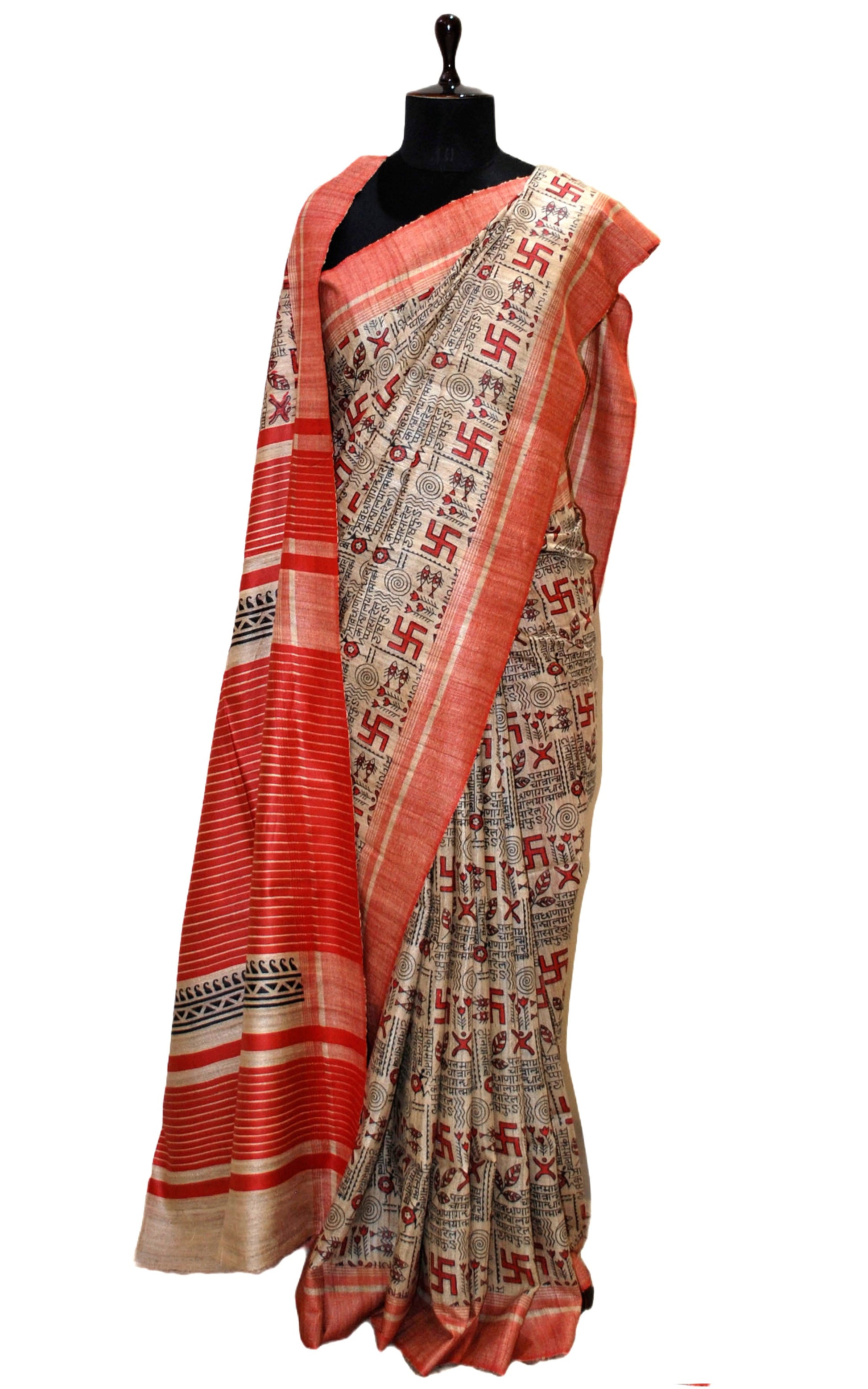 Silk Mark Certified Pure Gigha Block Printed Saree in Beige, Black and Red
