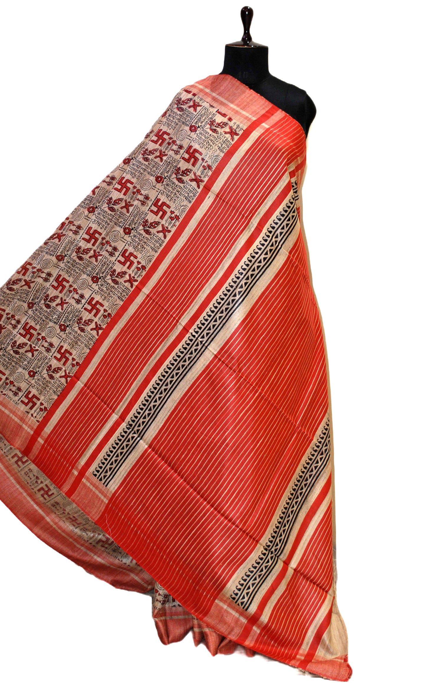 Silk Mark Certified Pure Gigha Block Printed Saree in Beige, Black and Red