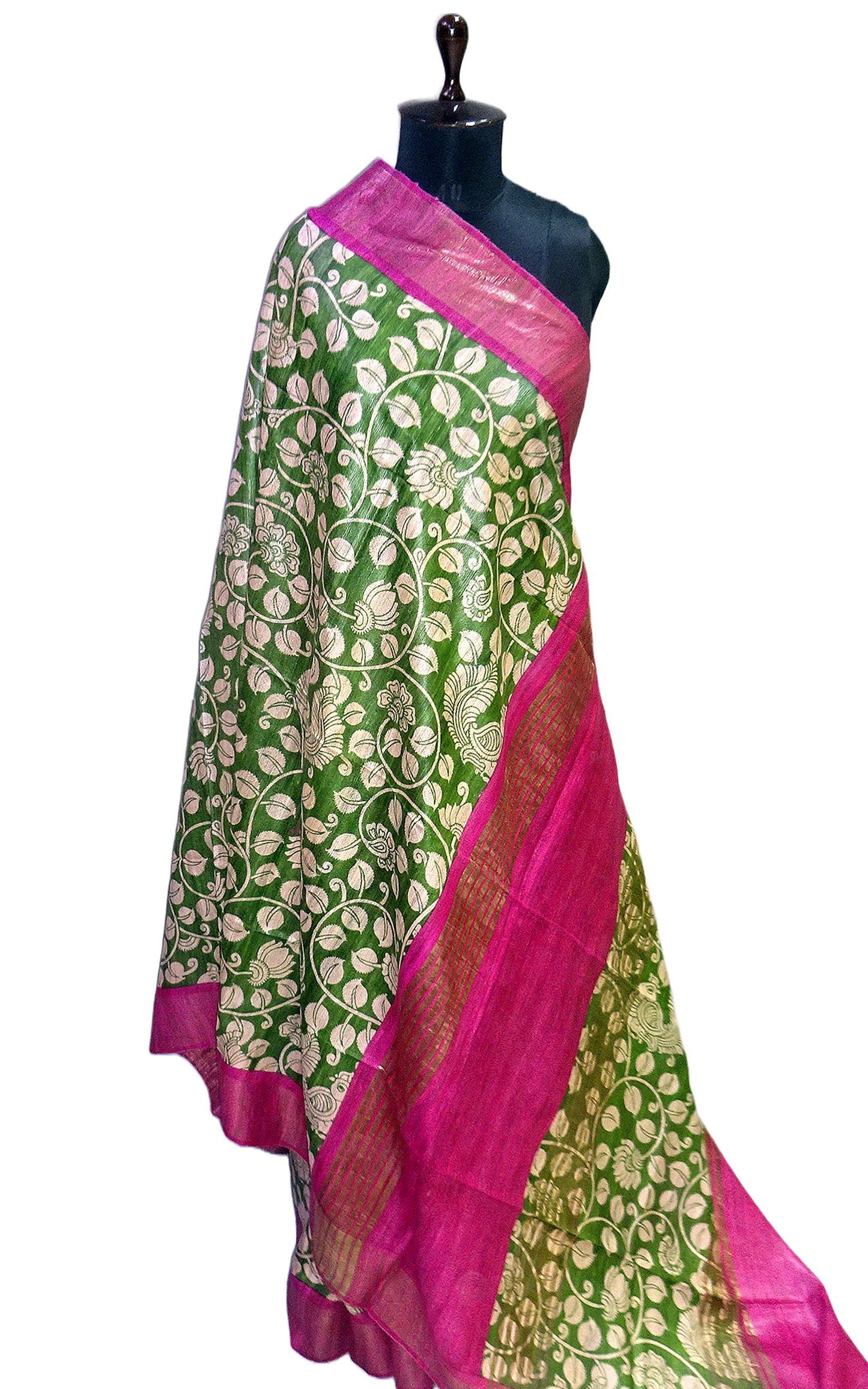 Silk Mark Certified Pure Gigha Block Printed Saree in Pistachio Green, Beige and Hot Pink