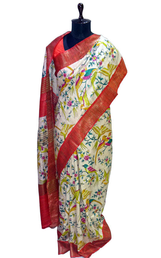 Matt Antique Zari Border Pure Gigha Block Printed Saree in Beige, Red and Multicolored
