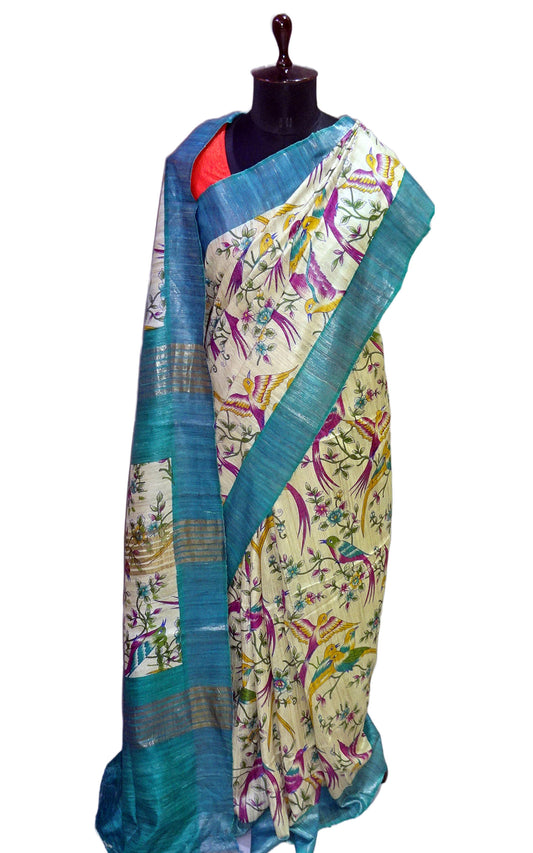Matt Antique Zari Border Pure Gigha Block Printed Saree in Beige, Dark Cyan and Multicolored