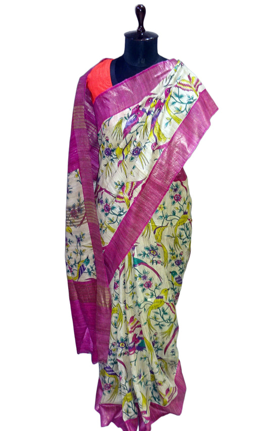 Matt Antique Zari Border Pure Gigha Block Printed Saree in Beige, Magenta and Multicolored
