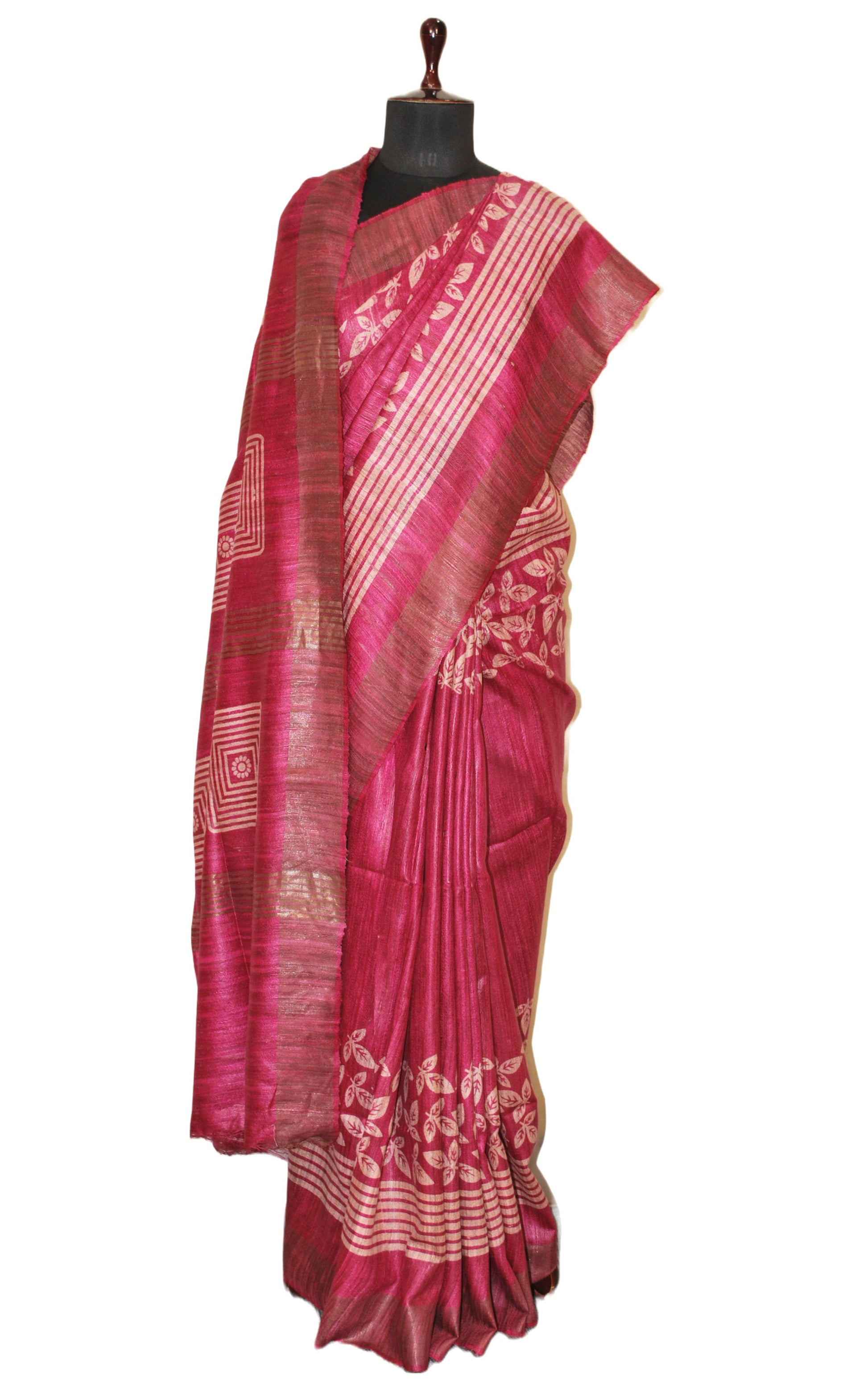 Block Printed Pure Gicha Tussar Silk Saree in Purple & Beige