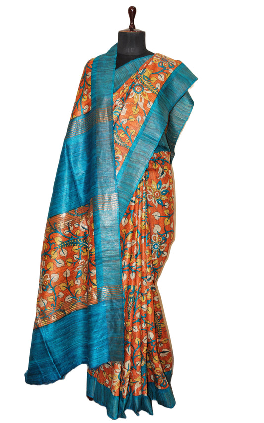 Block Printed Polka Work Pure Gicha Tussar Silk Saree in Orange, Blue & Multicolored