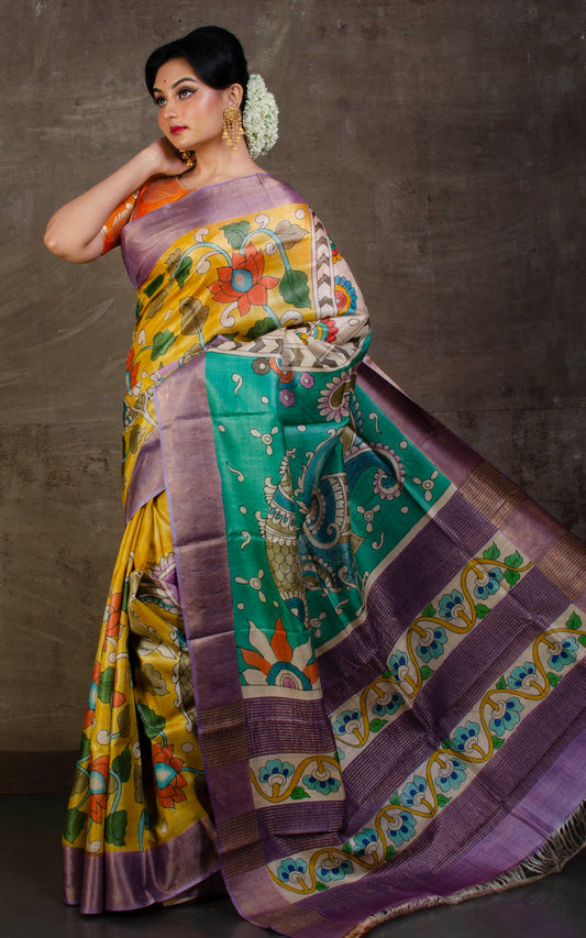 Printed Soft Tussar Silk Saree in Yellow, Lilac and Multicolored Prints