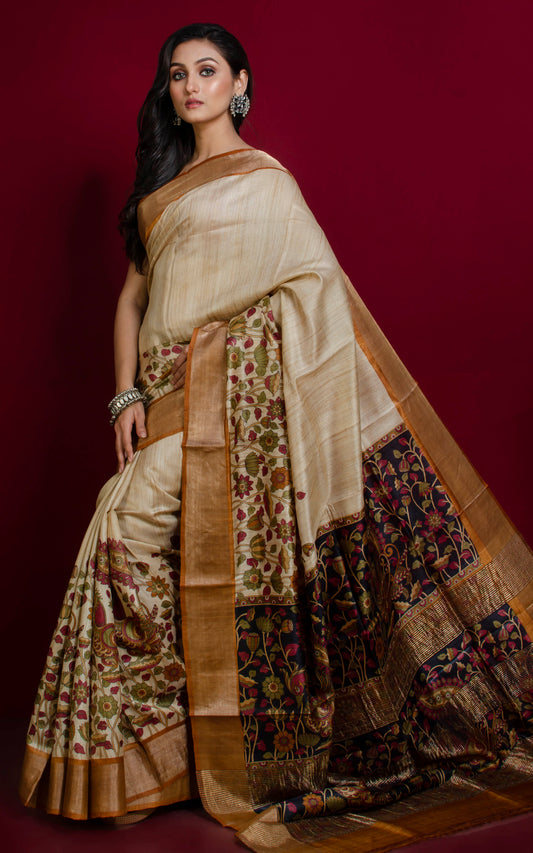 Kalamkari Printed Soft Tussar Silk Saree in Beige, Brown, Black and Multicolored