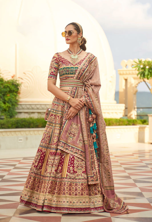 Beautiful Multi Color Mirror Embroidery Silk Bridal Lehenga